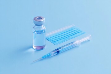 syringe gloves and mask placed in triangle on light blue surface