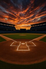 Dramatic sky frames baseball stadium scene where home plate and open field await athletes at game time in evening light