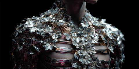 A brand hero shot featuring a mutated torso where the ribcage bursts into petal-like chrome fragments shaped into the brand's monogram. 