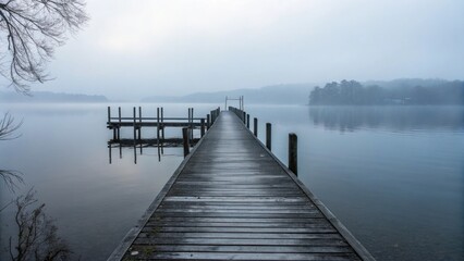Obraz premium Serene Lakeside Foggy Morning Pier Extending into Silent Water's Reflections