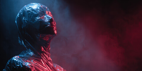 A faceless mannequin wrapped in a glossy liquid carbon fiber mantle, infused with modular sensor nodules glowing cobalt. 