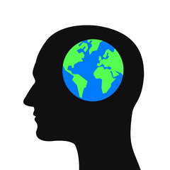 Climate anxiety and Ecological grief. Silhouette of human head with Planet Earth instead of brain. Metaphor of man thinking about universe and environment. Vector illustration isolated on white.