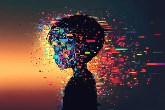 A child's silhouette breaking apart into colorful digital pixels