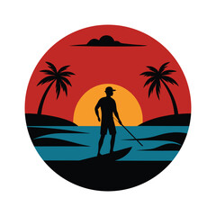 Paddleboarder on Tropical Ocean at Sunset Vector Illustration


