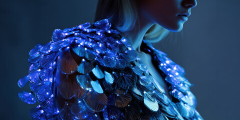 A futuristic jacket composed of layered transparent polymer scales with embedded micro-LEDs projecting shifting fractal patterns
