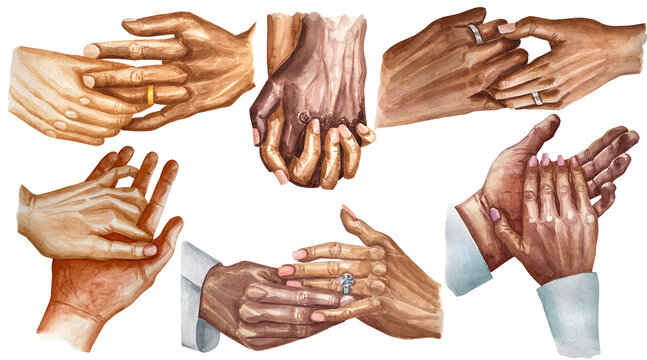 Couples holding hands together on different types of interlocking set. Pairs in love or friends.