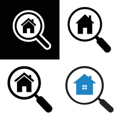  House search icon set in black white and blue for real estate apps