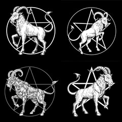  Set of occult goat icons in white on black for mystic design