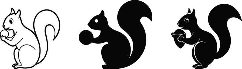 Three squirrel illustrations, one in outline and two in silhouette, isolated on transparent background