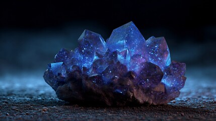 Obraz premium Bioluminescent glowing crystal cluster dark cave radiant blue and violet hues hyper realistic rock and mineral textures sci fi or natural hybrid stock concept