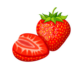 Group of fresh whole and half strawberries in cartoon style. Vector illustration of ripe strawberries: with seeds, green stems, isolated on white background. Healthy food. Seasonal sweet berries.