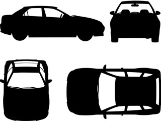 "Vector icon pack showing various perspectives of cars with open doors. Includes flat silhouette views from the front, back, side, and top. Clean, modern, monochrome design suitable for automotive int