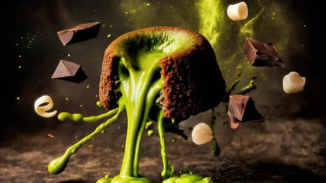 Decadent dessert featuring molten matcha lava cake oozing green filling, surrounded by chocolate pieces and nuts, creating a visually stunning culinary masterpiece