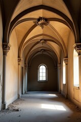 A dimly lit Gothic hallway with vaulted arches and a window casting light on the stone floor.