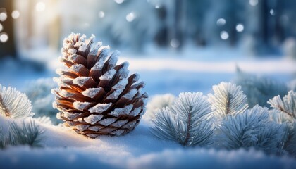 enchanted pine cone dusted with shimmering frost in a winter wonderland