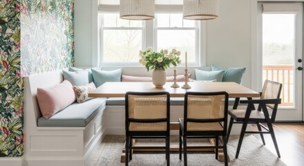 Modern living room with wooden dining table and chairs overlooking a bright window view