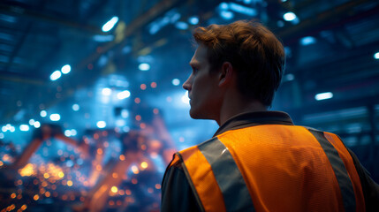 Fototapeta premium Worker Inspecting Robotic Arms in Dimly Lit Factory