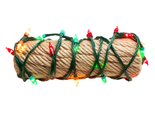 Twisted rope wrapped with colorful christmas lights isolated on transparent background