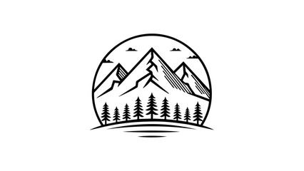 Rounded Mountain Badge with Clouds and Pine Trees – Vector Wilderness Travel Logo