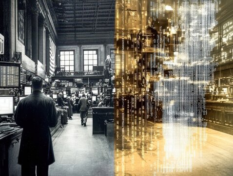 A dynamic halfandhalf where the left side portrays a vintage stock market trading floor 