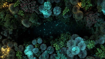 Bioluminescent jungle canopy glowing hidden fungi and insects surreal top down forest night scene with light emissions on every layer ambient lighting