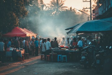 Bustling Outdoor Food Market in Southeast Asia at Dusk with Crowds and Smoke Creating a Vibrant Atmosphere