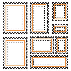 Postcard stamps template set. Blank postage stamps. Jagged wavy edge forms border collection PNG