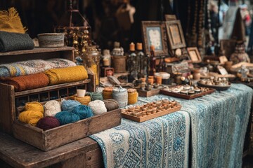 Fototapeta premium Craft Market Still Life with Yarn, Textiles, and Handcrafted Pottery for Sale at an Antique Fair
