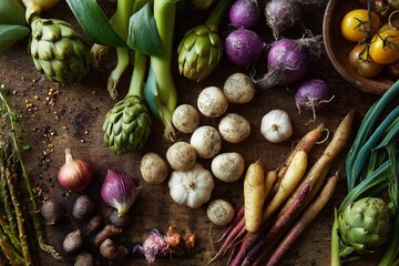 Rustic vegetable arrangement featuring artichokes, leeks, white garlic, yellow tomatoes, and purple carrots on wood