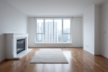 Obraz premium Staged Apartment Interior with Fireplace, Hardwood Floor, and White Rug Facing Window Overlooking Building Skyline