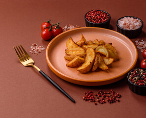 Grilled potato wedges with rosemary, cheese, salt and spices. Baked potato slices