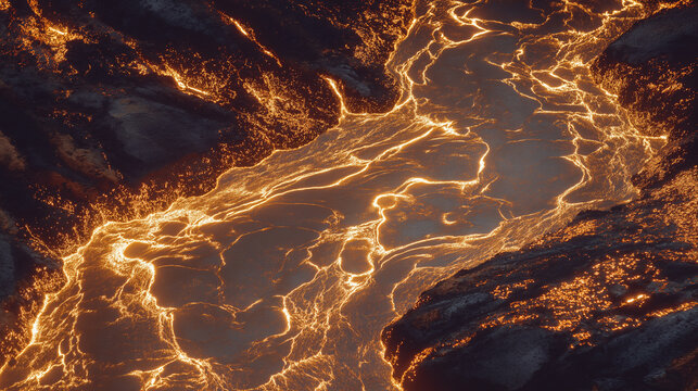 Molten slag flowing through troughs with glowing metal veins