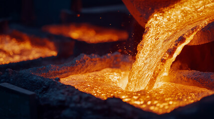 Molten Aluminum Being Cast into Ingots in a Dark Room