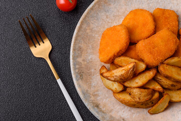 Crispy chicken nuggets, meat takeaway meal with salt. Chicken nuggets, fast food