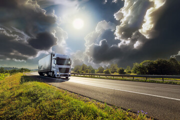 Large Transportation Truck on a highway road through the countryside at sunset
