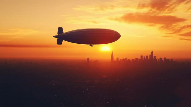 A blimp flies over a city skyline during sunset. The sky is filled with warm colors, creating a serene atmosphere. The silhouette of buildings is visible below.