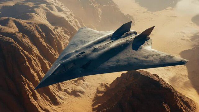 A futuristic stealth aircraft flies over a rugged desert landscape. The aircraft has a sleek design with sharp angles and a dark color scheme.