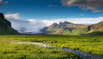 magical landscapes of iceland a picturesque scene of a verdant meadow stretching towards a majestic mountain range