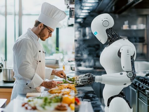 A dynamic splitscreen design where the left side features a traditional chef in a restaurant kitchen, and the right side shows an AIpowered robotic chef preparing gourmet dishes.