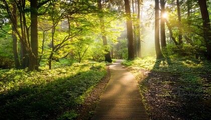 Obraz premium pathway through sunlit trees