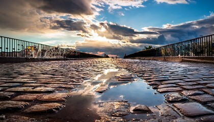 reflection of sky on water puddle over cobblestone pathway