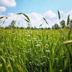 Obraz premium a field of green ryegrass with wildflowers dotted among the blades under a sunny sky