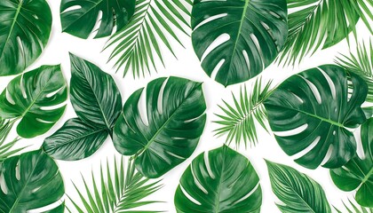 Pattern of vibrant tropical leaves on white