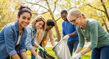 Community Volunteers Cleaning Up Park Group of diverse people working together to remove trash and improve the environment.