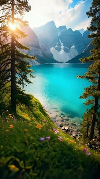 Alpine Lake with Wildflowers and Mountain View at Sunrise