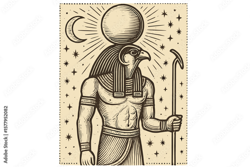 Fototapete Vector graphics of an Egyptian god in a retro engraving style, featuring cosmic elements of the sun and moon, suitable for a tattoo sketch or print on a leaflet as a design creation
