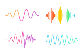 Vector illustration of a collection of colored sound waves, including analog and digital audio signals, music equalizers, interference voice recordings, and high frequency radio waves