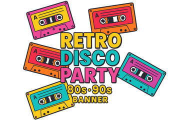 Vector background featuring a cassettes poster for a retro disco party with an 80s and 90s theme, including a vintage audio cassette club flyer and festival invitation cover