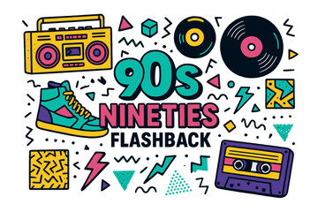 A nostalgic '90s-inspired design featuring retro music textures, vintage objects, and old-school fashion graphics, perfect for creating a unique aesthetic background or editing a classic vector