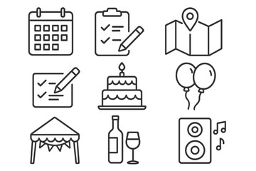 Vector illustration of a line icon set for event planning with editable stroke